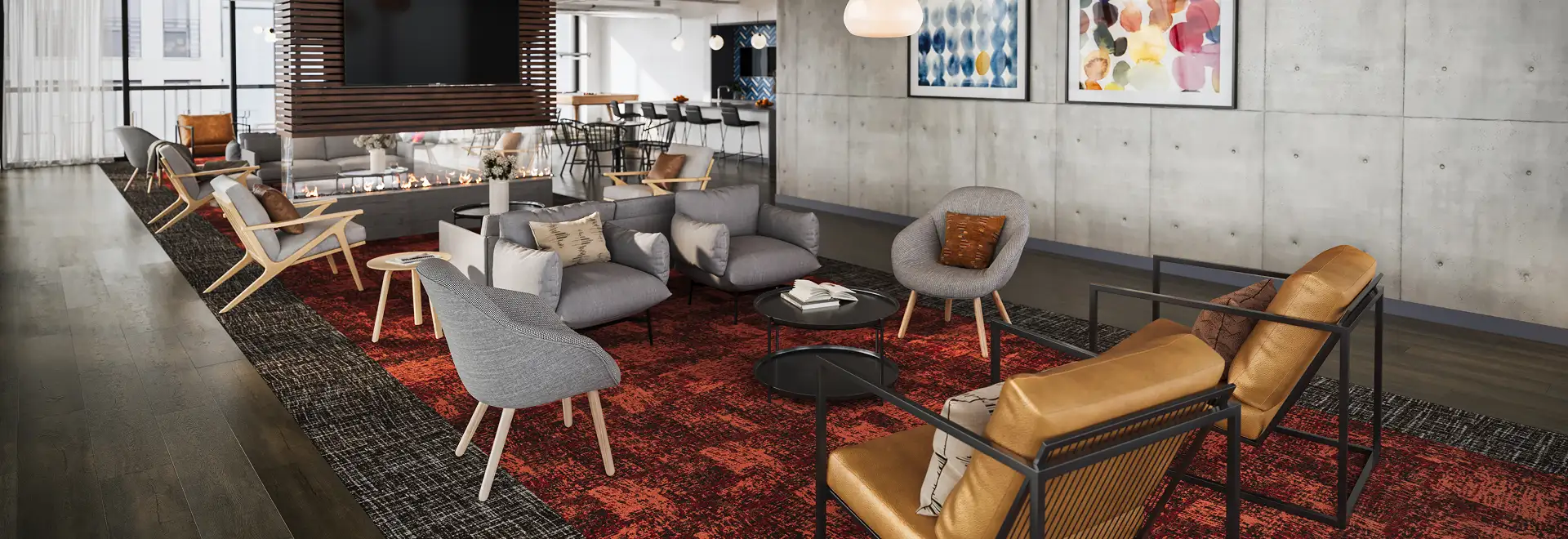 Rich common area with red carpet tile