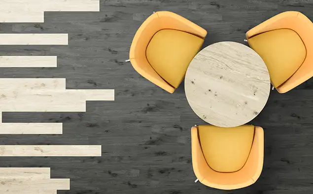 Aerial view of a yellow chairs on Local Measure LVT flooring