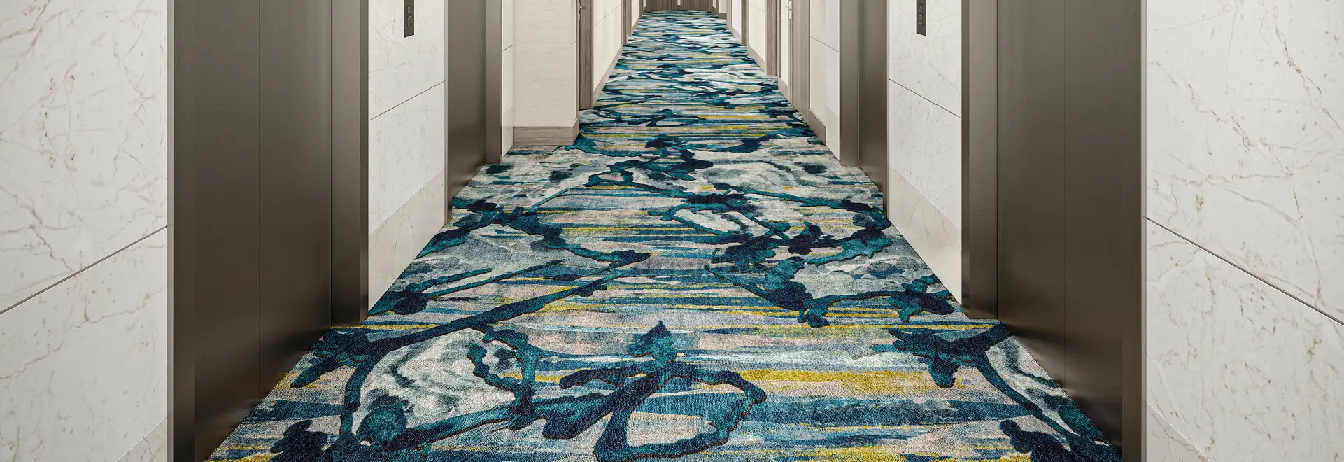 Hallway with organic blue and yellow flooring