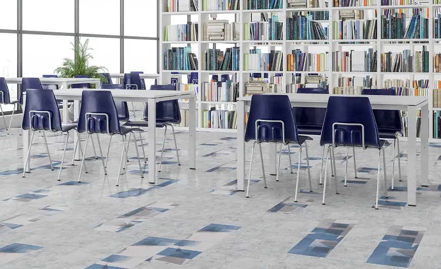 gray and blue LVT in library