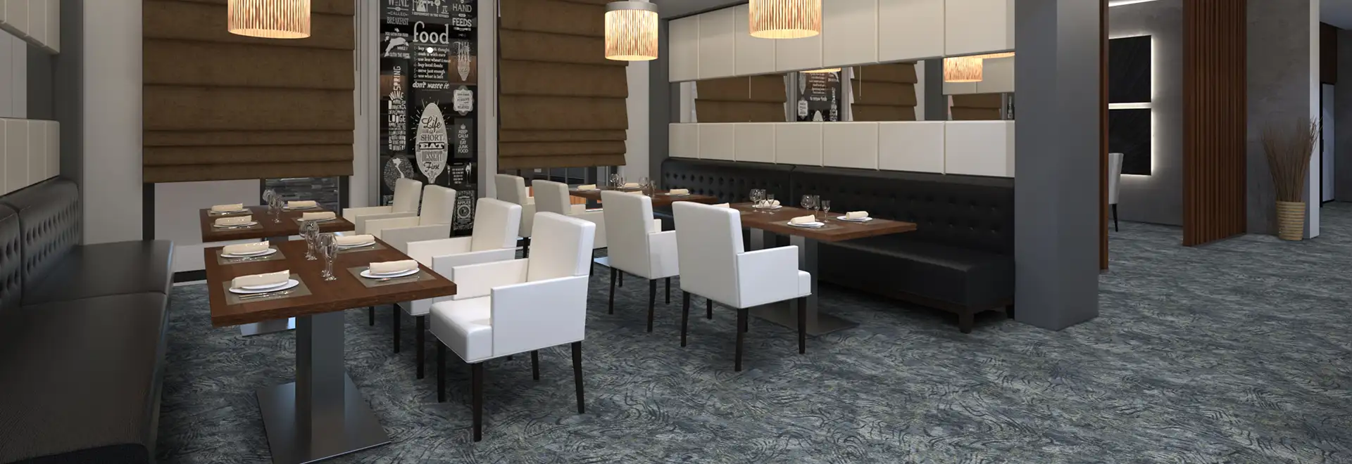 Interior public space with white chairs in dining area with blue and gray organic patterned carpet