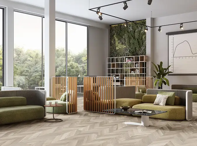 public seating area with orgainc accents on LVT flooring