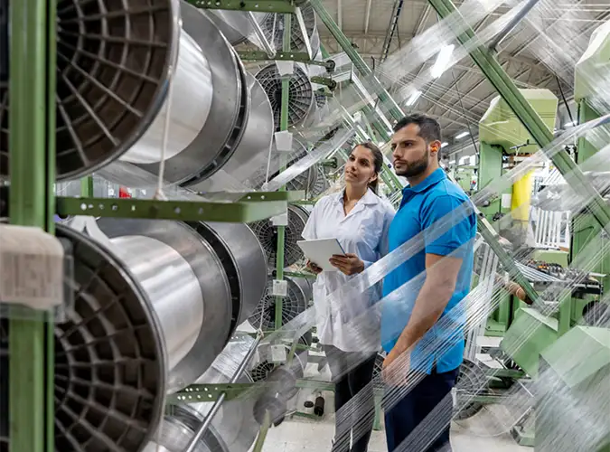 Associates examining rolls of fiber on manufcaturing floor