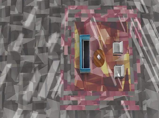 aerial view of seating group with red transitioning to gray plank carpet tile flooring