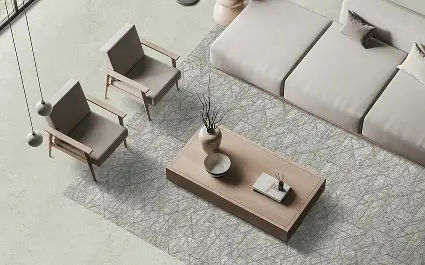 neutral colored seating area from above with carpet from the Heavy Meta collection