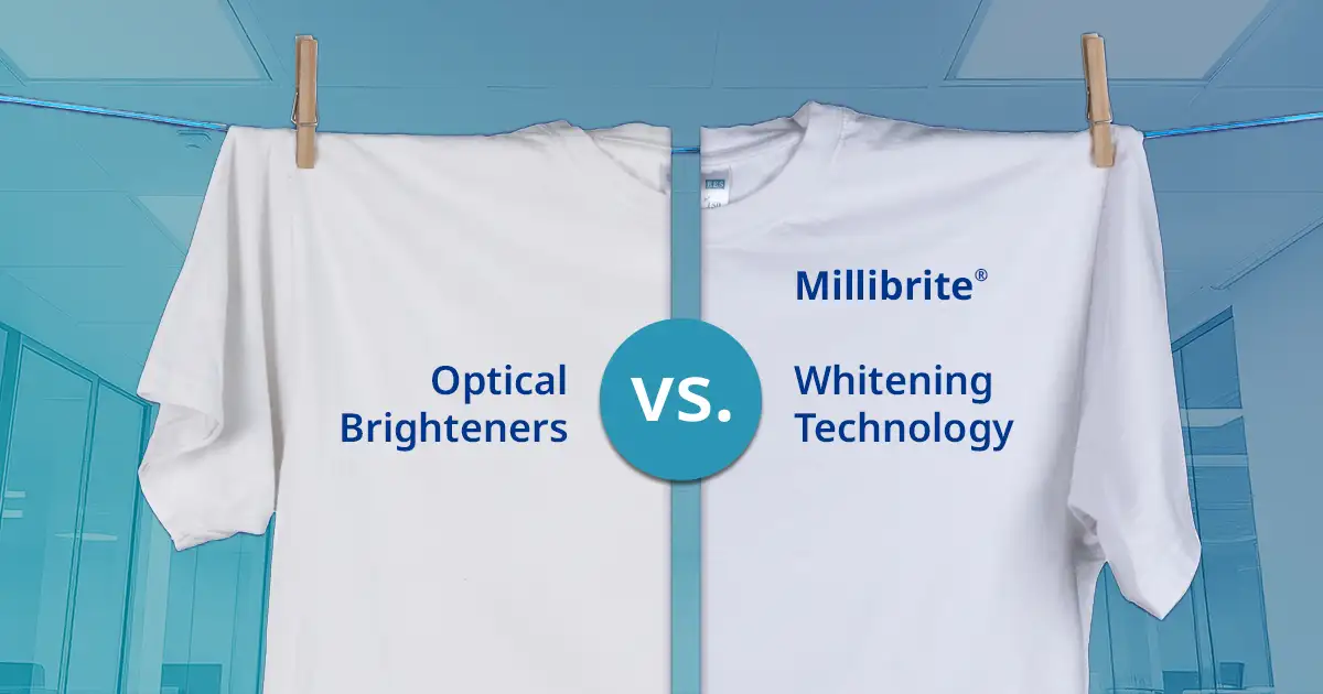 Comparison of optical brighteners and Millibrite whitening technology in laundry detergents showing brighter white fabric under LED lighting