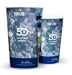 two cups with ice image and recycled plastics logos