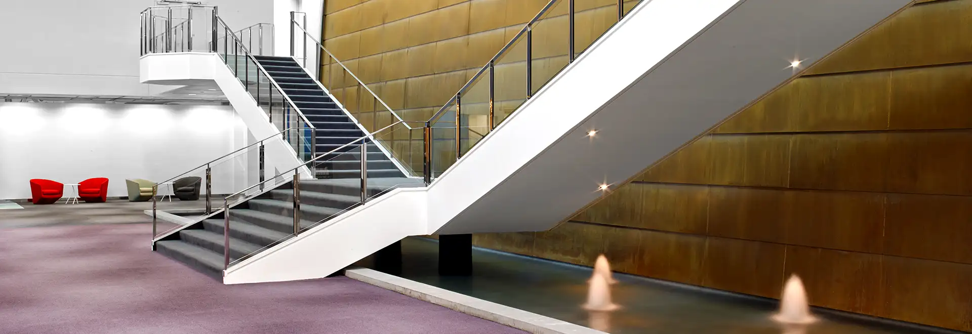 Milliken customer center staircase and water wall