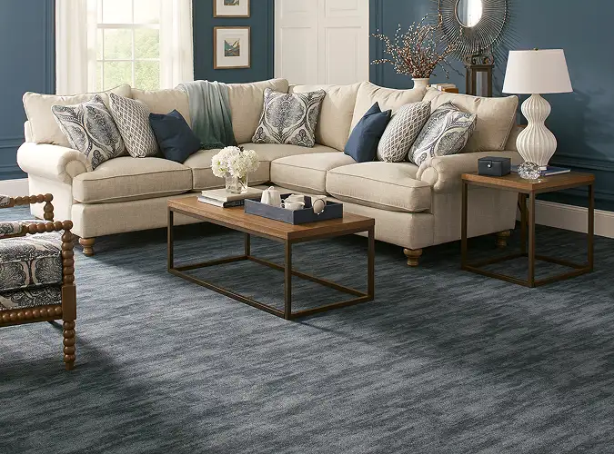 comfortable home seating area on textural blue carpet with blue walls