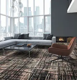 City appartment with geometric cross hatched carpet
