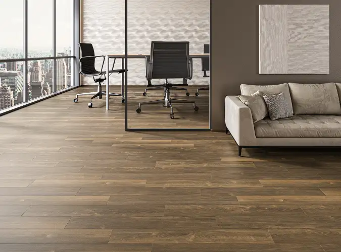 open office with natural finishes and resilient flooring with a wood look