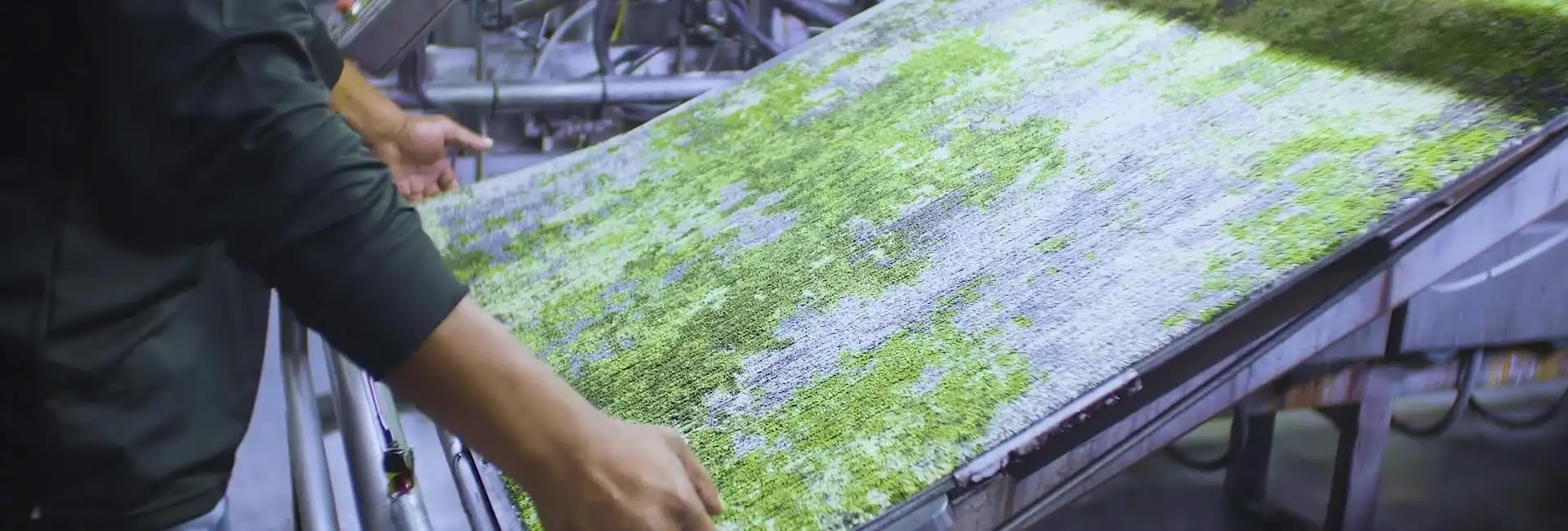person taking green tonal carpet tile from printing equipment