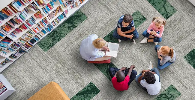 view from above of childern and a teacher sitting on the floor in a library