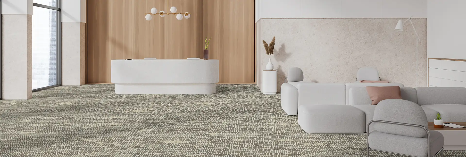 public space reception area with neutral organic patterned carpet