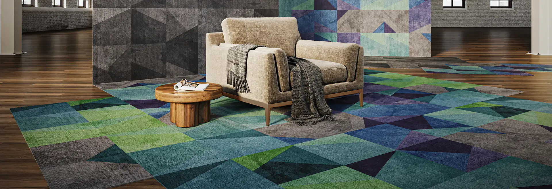 comfortable chair sitting on brightly colored carpet tile