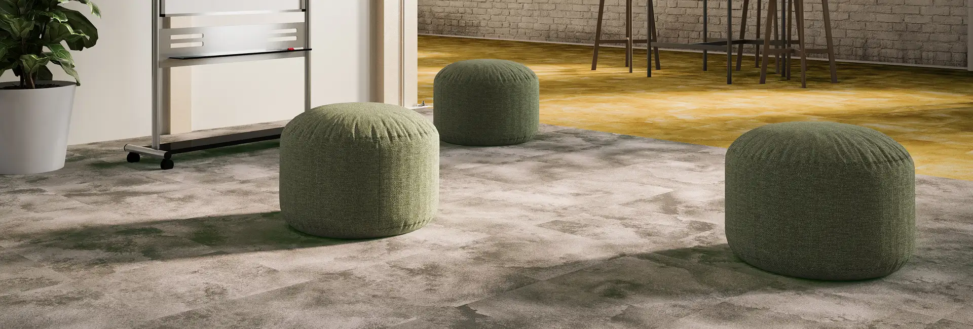 soft green stools on neutral and yellow textured carpet tile