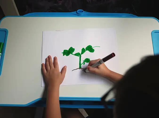 Child drawing a bright green tree with markers