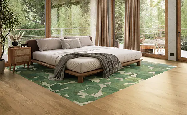 comfortable guest room with natural finishes and reslient flooring from the Quiet Side collection