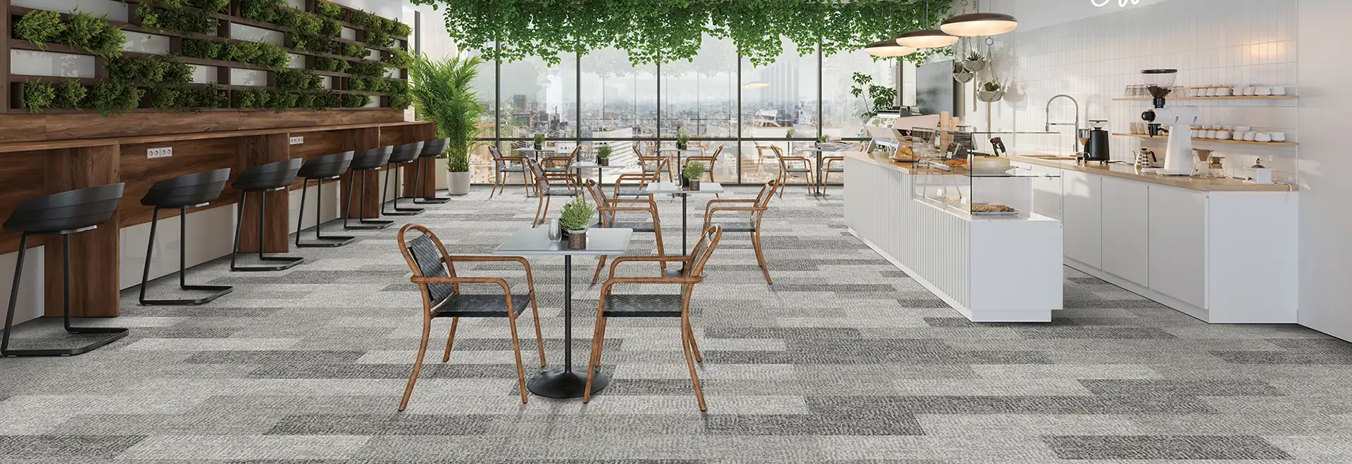 bright cafe area with Milliken carpet tile installed on the floor