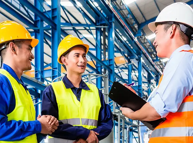 3 people wearing safety clothing and hard hats in discussion