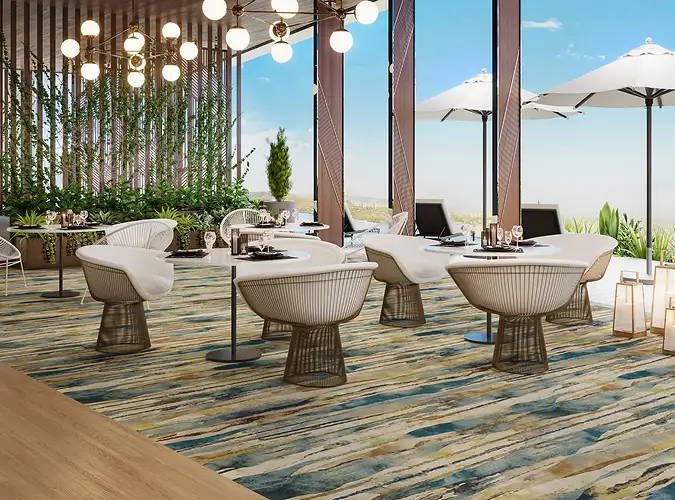 Seating area with bright colorful carpet