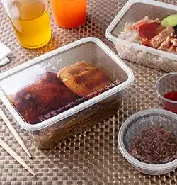 Food and beverages in clear takeaway packaging