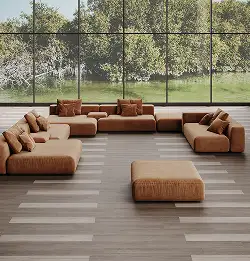 comforatable seating group with plank resilient flooring with lighter insets