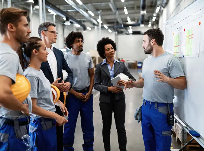 Team meeting with a group of people looking at a board with posts