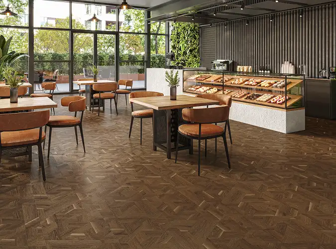 Bakery with seating on LVT with wood look