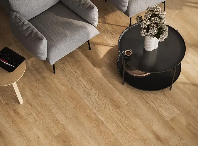 view from above with gray chairs and LVT flooring with a wood look