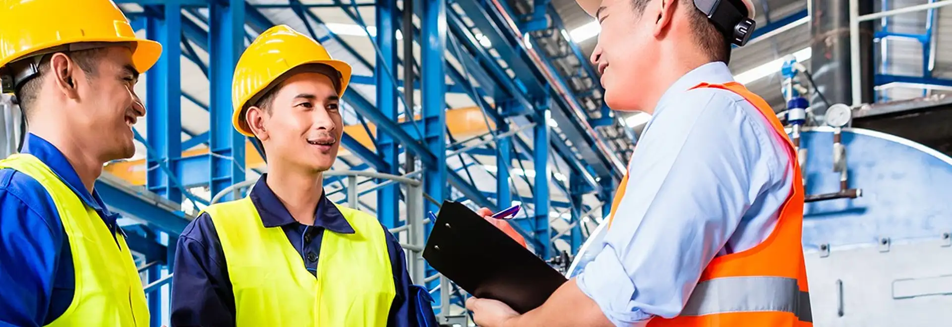 works in plant with hard hats smiling and talking