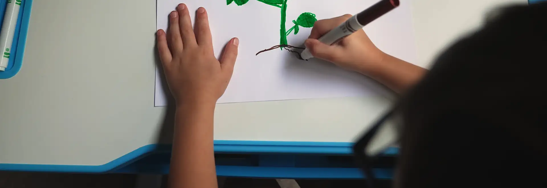 child using markers drawing a bright green tree